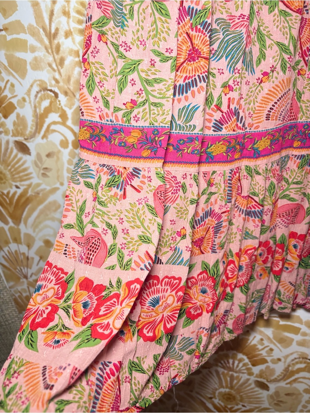 Cynthia Rowley Pink Floral Bird Print Tiered Midi Skirt | Boho Cottagecore - Picture 6 of 8